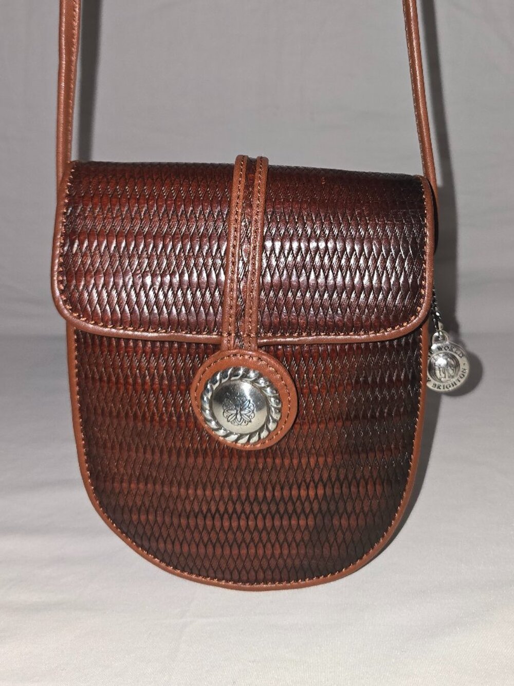 Brighton One World Brown Woven Leather Crossbody Bag With Silver Concho Accent